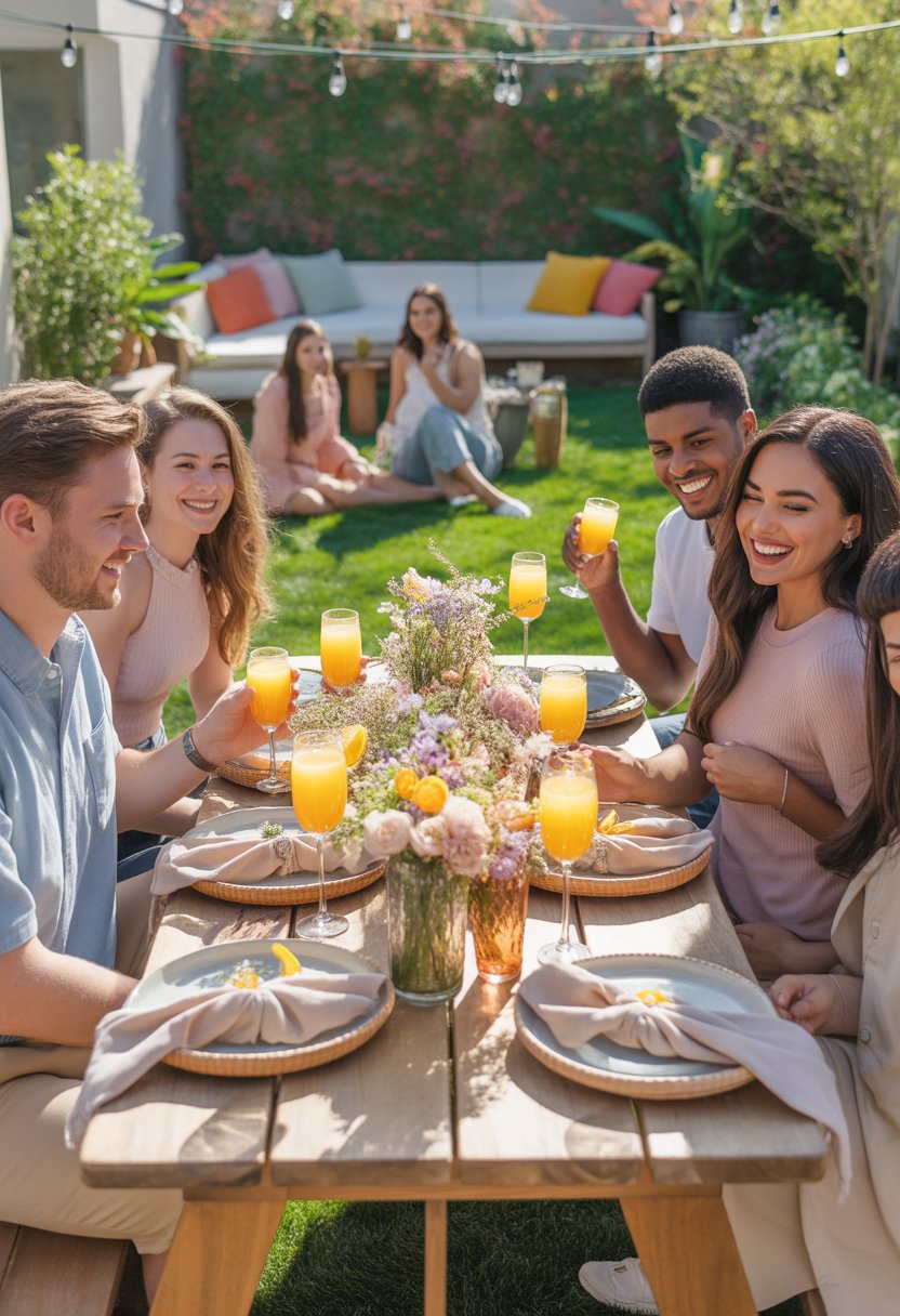 A group of friends enjoying a backyard brunch with mimosas around a decorated picnic table during an engagement party.